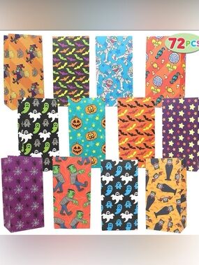JOYIN 72 Pack Halloween Goodie Bags featuring 12 assorted festive designs.